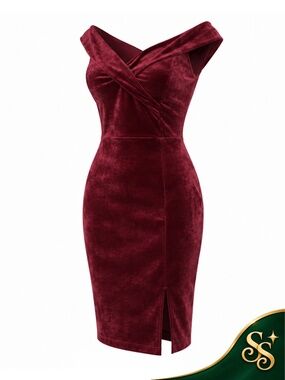 Red Velvet Dress Off Shoulder Premier Amour Size 2 Bodycon Midi Cocktail